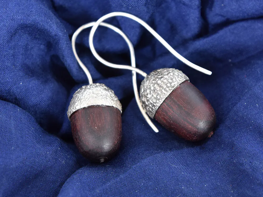 Eichelkappe in Silber mit Holz Ohrring & Anhänger 