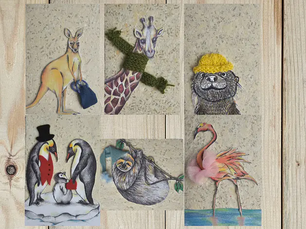 Liebenswerte Tiere auf handgeschöpftem Papier