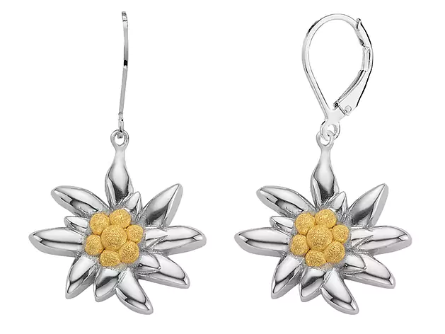 Boucles d’Oreilles Pendante Bicolore Grande Edelweiss Argent Sterling