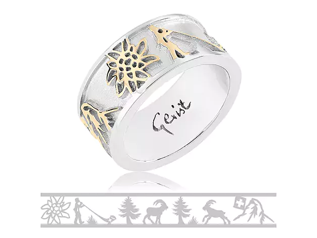 Bague en Argent Sterling bicolore avec Cervin, Edelweiss et Cor des Alpes