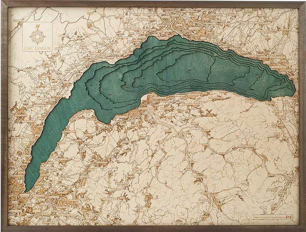 3D Holzwandkarte LAC LEMAN aus Naturholz und in Handarbeit gefertigt