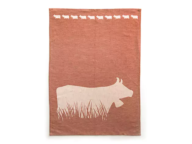 TORCHON #2 "VACHE DANS L'HERBE" ROUGE